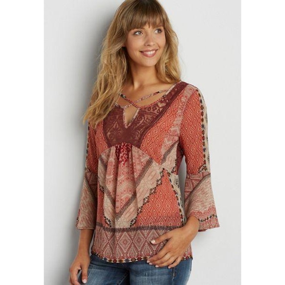 Maurices Blouse Womens L Red Geometric Lace Bell Sleeve Boho Peasant Retro Fairy
